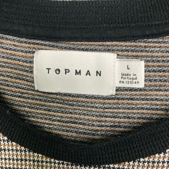 Topman Men’s L Black-Collar Micro-Houndstooth Tee 100% Cotton Retro Minimalist - Picture 2 of 3